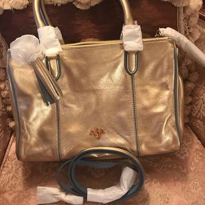 Dressage Gold Leather Handbag w Blue Trim NEW